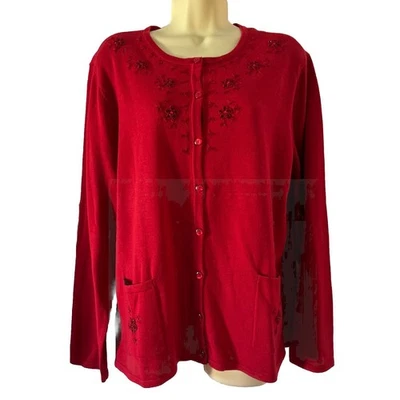 Bon Worth 女式红色假日串珠开衫毛衣中号特殊场合 — 第 1/4 张图片