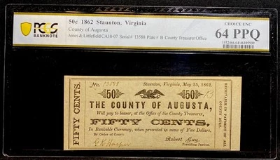 PCGS CU 64 VIRGINIA Staunton 1862 Confederate States Civil War Obsolete Currency - Image 1 of 4
