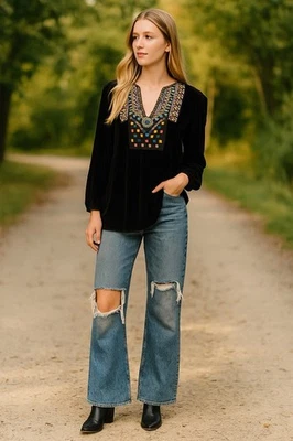 Zara Black Floral Embroidered Bohemian Tunic Top Size S Small Mini Dress - Image 1 of 4