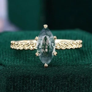Leaf Prong Marquise Cut Moss Agate Promise Ring Solitaire Engagement Ring Silver - Foto 1 di 6