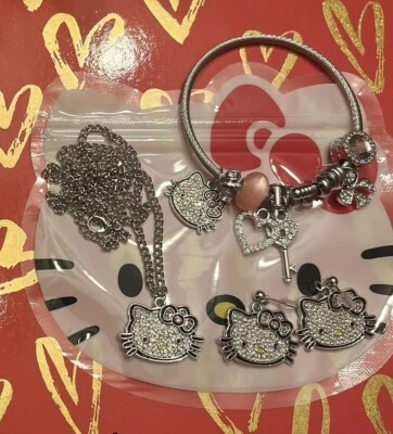 Juego de collar y pendientes de plata brillante con diamantes de imitación de Hello Kitty de 3 piezas - rosa Foto 1 de 3