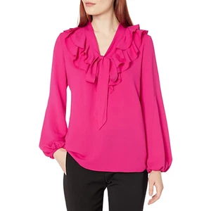Kasper Women's Long Sleeve Ruffle Tie Neck Blouse Color-lipstick, New, MSRP $79* - Picture 1 of 3