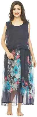 Blue Floral Fit Flared Women's Long Maxi Chiffon Summer Sleeveless Dress L-52" - Image 1 of 4