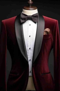 Traje Para Hombre Granate Calce Ajustado Terciopelo con Forro Satinado Elegante Esmoquin Traje Formal - Imagen 1 de 4