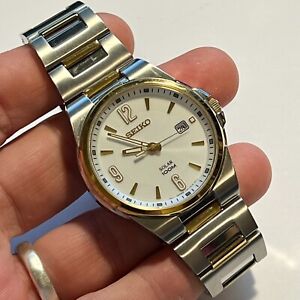 SEIKO SNE210 Solar Mens Watch - Classic Date, White Dial, Gold/Silver-Tone, Runs