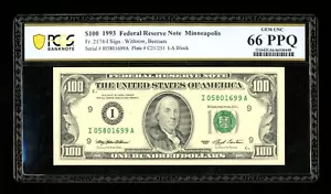 DBR 1993 $100 FRN Minneapolis Gem Fr. 2174-I PCGS-B 66 PPQ Serial I05801699A - Picture 1 of 2