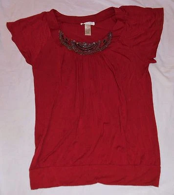 WOMANS MED KENAR STUNNING RED HEAVILY BEADED TOP BLOUSE CAP SLEEVE SMOOTH $69 - Image 1 of 4