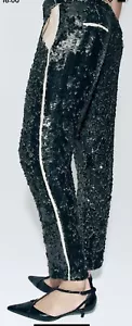 ZARA WOMAN Limited Edition Studio SEQUIN TROUSERS FRAYED GREEN Sz XL 14 16 - Picture 1 of 8