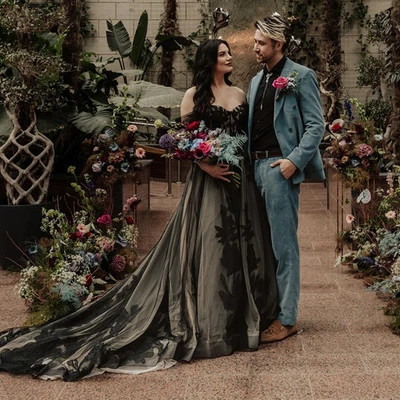 Black Contrast Color Off Shoulder Customized Wedding Dress Floral Appliqued - Image 1 of 4