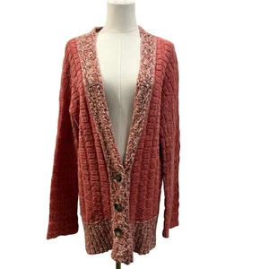 Free People Textured Button Front Chunky Knit Cardigan Sweater Pink Medium Cozy - Picture 1 of 7
