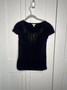 J. Crew Embellished Jeweled Navy Blouse women's size 2 - Picture 1 of 4