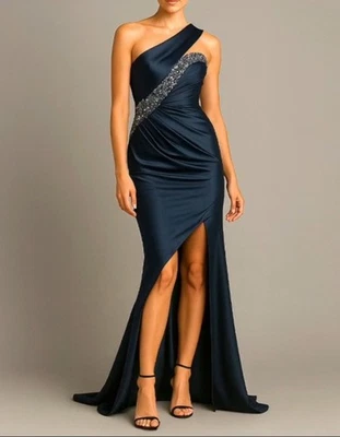 Vestido formal de un hombro MANDALAY adornado fruncido azul marino talla 4 Foto 1 de 4