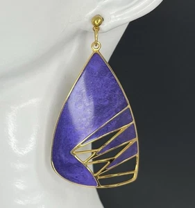 Berebi Gold Tone Earrings Purple Enamel Dangle Drop Cutout Vtg 80s Geometric - Picture 1 of 5