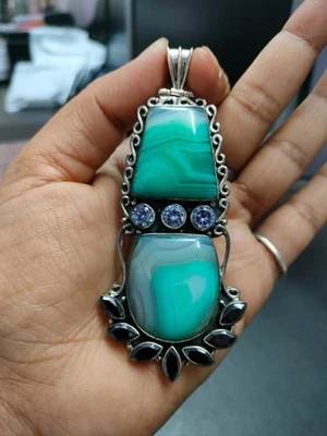 Gemma ENORME pedante argento sterling 925 onice nera agata blu gioielli... - Immagine 1 di 4