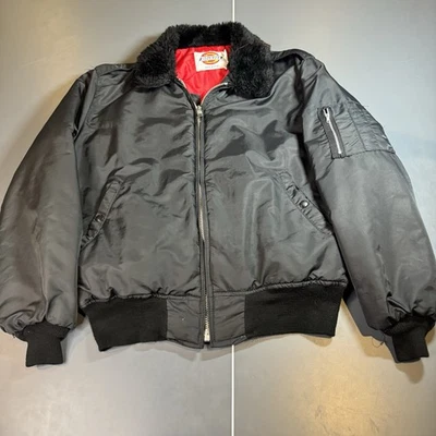 Chaqueta De Colección Dickies HECHA EN EE. UU. Grande Negra Vuelo Bombardero Cuello de Piel Chaqueta Foto 1 de 4