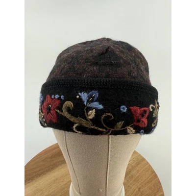 Icelandic Designs Embroidered Wool Blend Beanie Hat Floral Pattern Multicolor - Image 1 of 4
