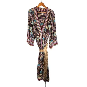 Weiche Umrandung Seide Morgenmantel Kimono Paisley Blumenmuster bunte Borte Loungewear - Bild 1 von 11