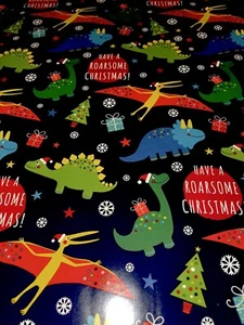 T-Rex & Friends 🦖Christmas 10m x 50 cm Dinosaurs Wrap Wrapping Paper & Tags - Picture 1 of 7