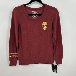 NWT CHASER Red Burgundy Gold Metallic Skull Super Soft Crew Neck Sweater Size XS - Picture 1 of 6