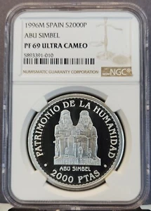 1996 SPAIN SILVER 2000 PESETAS S2000P ABU SIMBEL NGC PF 69 ULTRA CAMEO TOP POP 1 - Picture 1 of 3