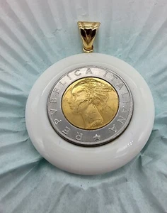 14k .585 Yellow Gold Milor w Encased Italy Lira Coin 2" Pendent Au 2444 - Picture 1 of 10
