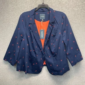 Modcloth Embroidered Blazer Jacket Womens Plus 28 Navy Blue Umbrellas Novelty - Picture 1 of 14