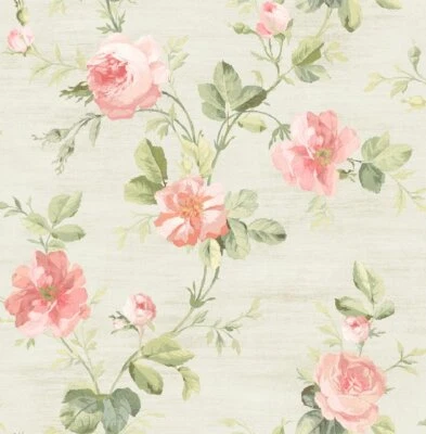 Wallpaper  Pink Rose Green Vine on Cream Faux ,56 sq ft / bolt - Image 1 of 2