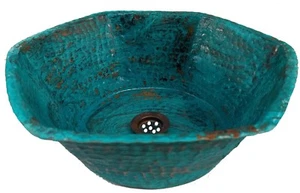 Hammered Vintage Aged Green Patina Copper Hexagon Bathroom Sink Kitchen Remodel - Picture 1 of 2