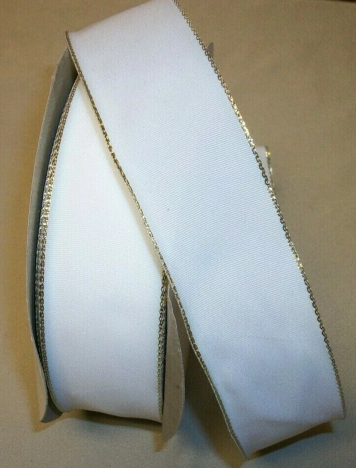 5 yardas. BLANCO con borde dorado cinta de borde de alambre de tafetán 1 1/2" con Foto 1 de 1