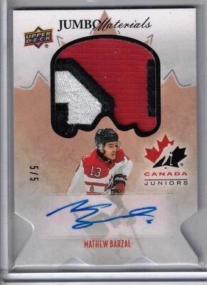 2016 UD Team Canada Juniors Mathew Barzal Jumbo Materials rookie auto 5/5 card - Image 1 of 2