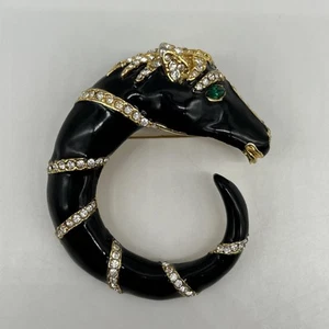 Broche prendedor vintage caballo tono dorado esmalte negro ojo verde estrás - Imagen 1 de 19
