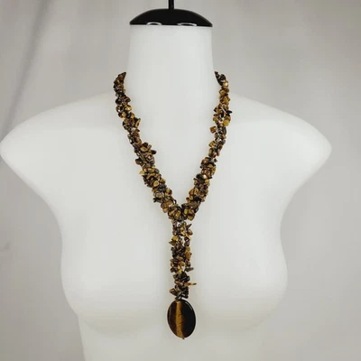 Collar con astillas de cuarzo ojo de tigre moda gota en Y colgante grande en hilo broche 925 Foto 1 de 4