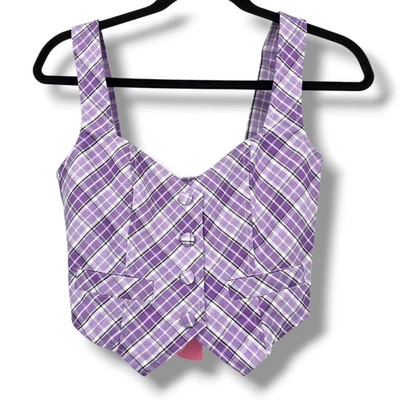 Nuevo Chaleco Corsé A Cuadros Púrpura Sugar Thrillz Top XS Cuello Corazón Botón Delantero Foto 1 de 4
