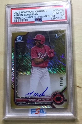 🔥YERLIN CONFIDAN 2022 BOWMAN CHROME 1ST GOLD SHIMMER REFRACTOR AUTO /50 PSA 10 - Image 1 of 2