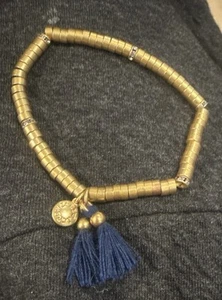 J Crew Gold Tone Stretch Bracelet with Blue Tassels - Picture 1 of 8