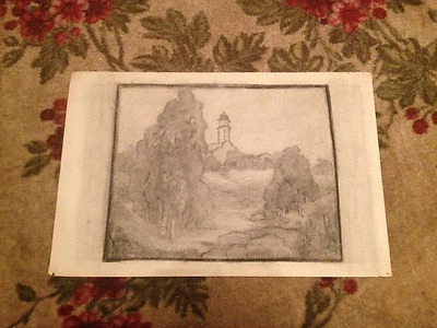 Antiguo dibujo de paisaje a carbón de principios del siglo XX con torre o faro Foto 1 de 4