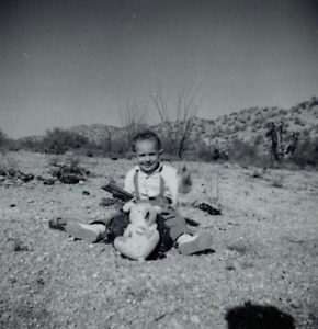 Boy Sitting In Desert With Bag & Teddy Bear B&W Photograph 3.5 x 3.5