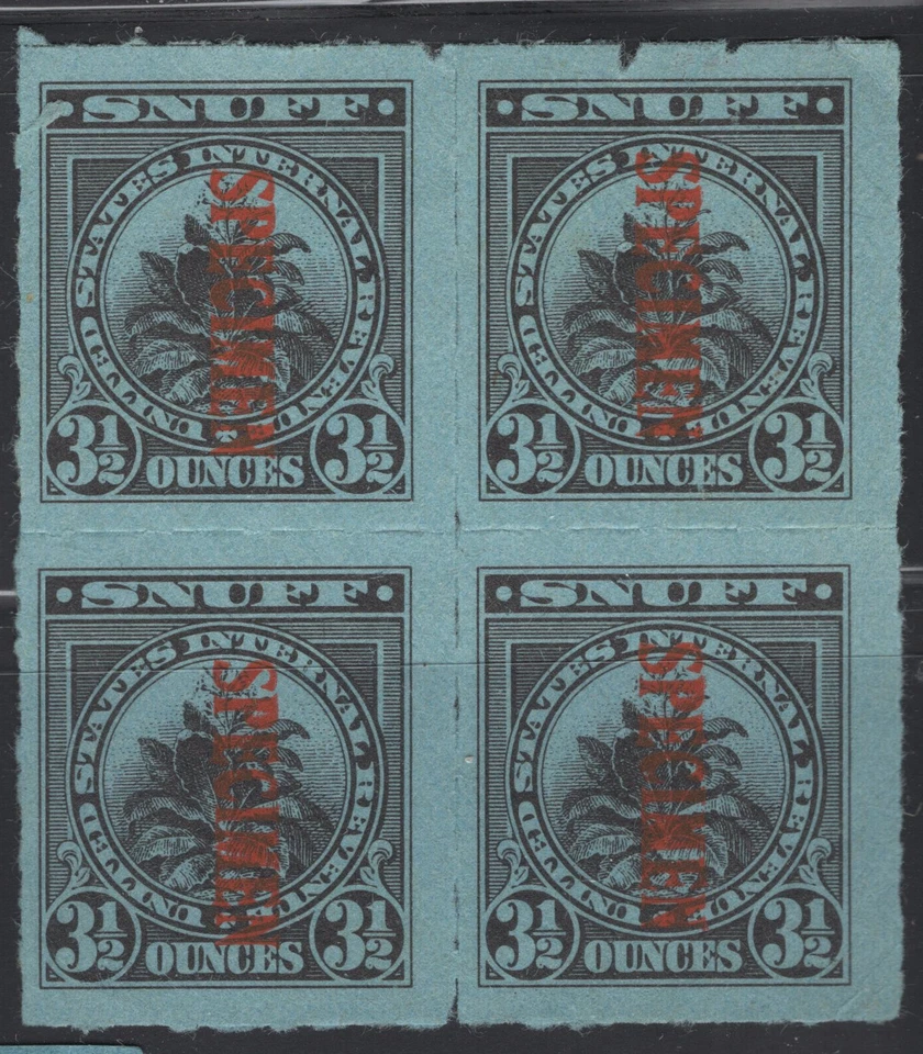 US Taxpaid Revenue Stamp Specimen  Block of 4 - Springer TES20 Snuff 3 1/2 oz - Image 1 of 1