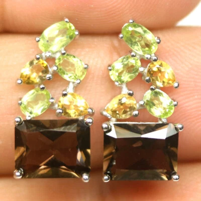 Pendientes de cuarzo ahumado, peridoto y citrino de plata de ley 925 sin calefacción Foto 1 de 4