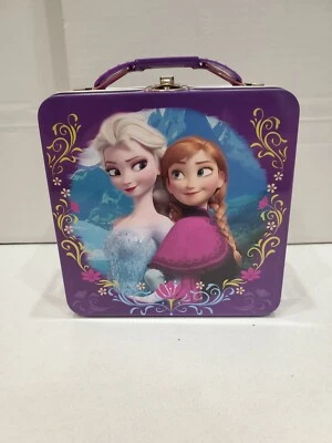 Disney FROZEN Anna Elsa Caja de Lata de Metal 6" W x 6" H x 2.5" D con Mango Púrpura Foto 1 de 4