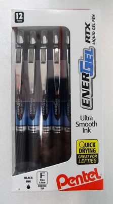 12 Pentel ENERGEL RTX Liquid Gel Pens BLACK INK 0.5mm FINE F - NEW BOXED