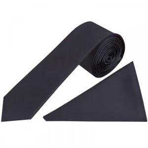 Handmade Plain Navy Blue Satin Skinny Mens Tie and Pocket Square Set Wedding Tie - Picture 1 of 4