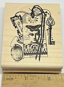 Acey Deucy LEGATORIA Tag Post Collage Rubber Stamp Mail Art key face wood mount - Picture 1 of 4