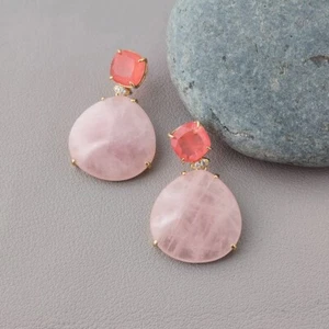 Real Rose Quartz Stones Stud Pink Crystal Earrings Jewelry Gift - Picture 1 of 6