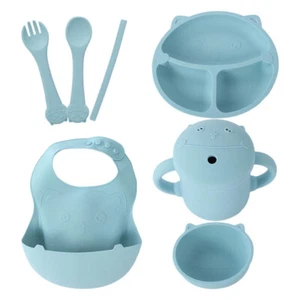 1 Set Baby Divided Plate Dinner Bowl Toddler Bib Silicone Drinking Cup Straw - Picture 1 of 12