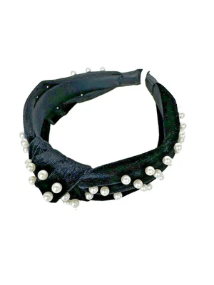 Black Velvet Elegant Top Knot Headband With Faux  Pearls 4.5” - Image 1 of 4
