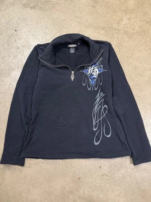 Pullover Harley Davidson para mujer 1/4 cremallera talla mediana negro azul cruz pedrería Foto 1 de 4