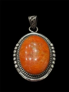 Vtg Navajo Sterling Silver Orange Coral 2” Statement Pendant Signed GU 17.30g - Picture 1 of 5