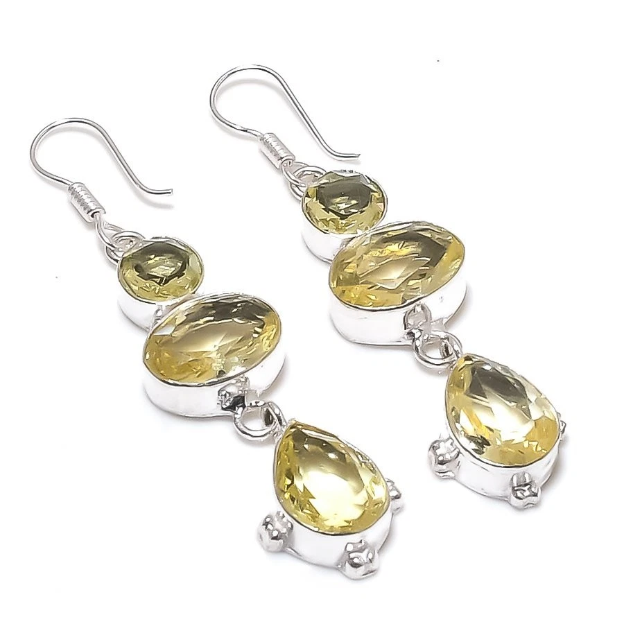 Pendientes de joyería de plata de ley 925 hechos a mano con piedras preciosas de cuarzo limón tamaño 2,5" Foto 1 de 1