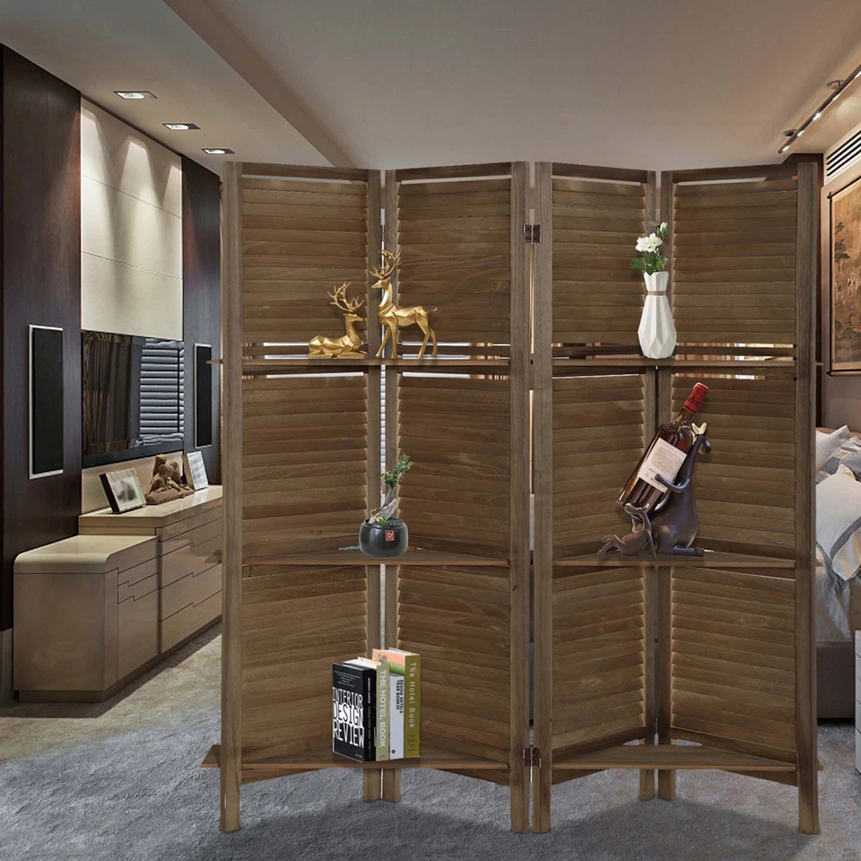 Divisor de habitación de madera de 4 paneles pantalla plegable partición independiente con estantes  Foto 1 de 2
